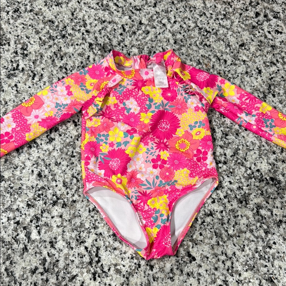 Betsey Johnson Neon Floral Kids Swimsuit with Sleeves 2T Rashguard